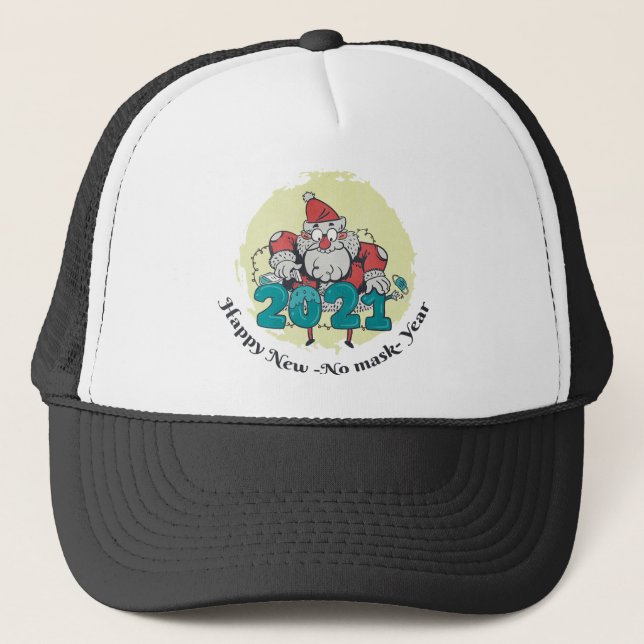 DISINFECTING SANTA " HAPPY NEW - NO MASK - YEAR " TRUCKER HAT (Front)