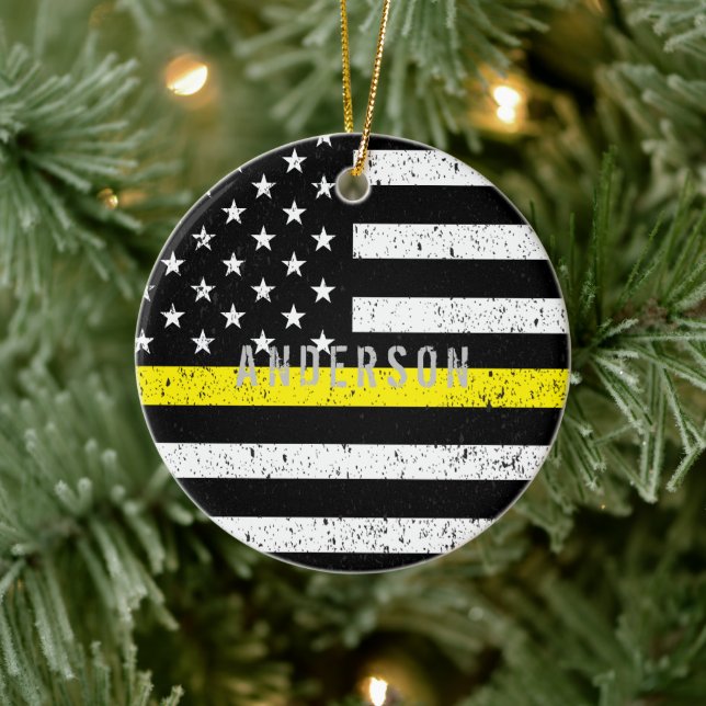 Dispatcher distressed Thin Yellow Line with name Ceramic Tree Decoration (Tree)