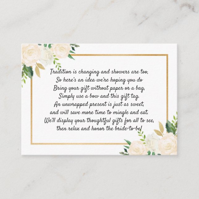 Display bridal shower, white gold floral greenery enclosure card (Front)