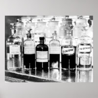 Display of apothecary bottles containing drugs
