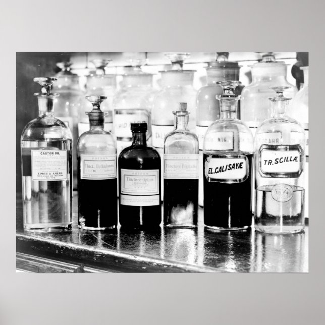 Display of apothecary bottles containing drugs poster (Front)