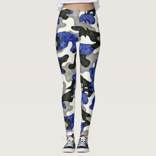 Disruptive Pattern Camouflage Blues Grey Black Leggings (Front)