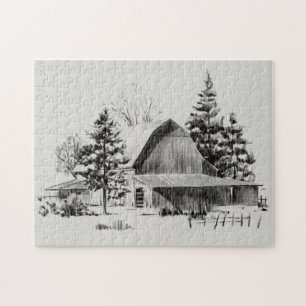 Distant Barn Sketch II Jigsaw Puzzle