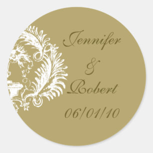Distinction: Gold and White Damask Design Classic Round Sticker