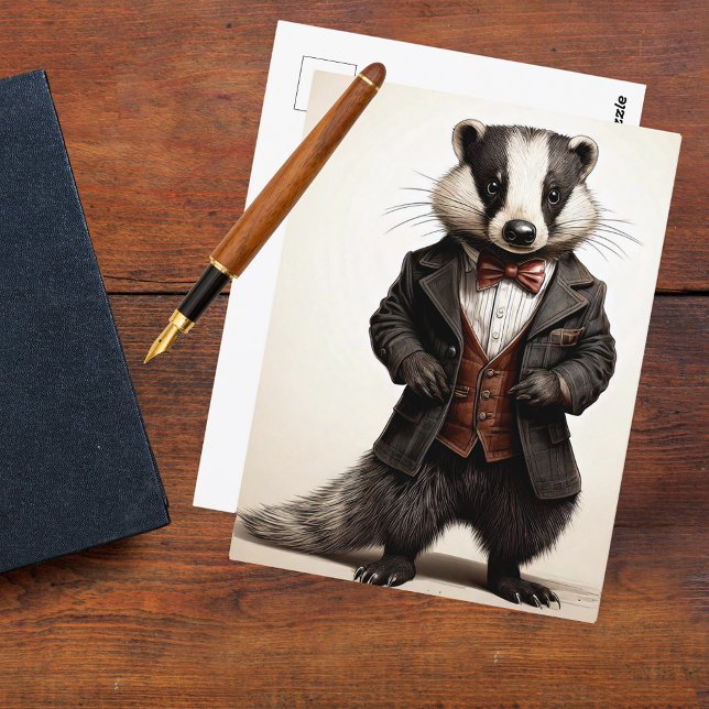 Distinguished Gentleman Badger Vintage Style Postcard (gentleman badger vintage illustration woodland British wildlife dapper suit old fashioned postcard)