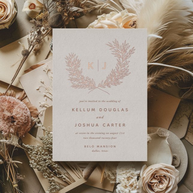 Distinguished Monogram Wedding Rose Gold (Distinguished monogram laurels rose gold foiled wedding invitations.)