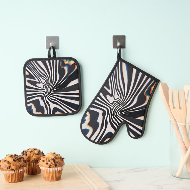 Distorted Line Art Prismatic Glitch Oven Mitt & Pot Holder Set (Insitu(Hanging))