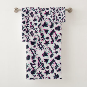 Distorted Musical Notes & Hearts Pattern Bath Towel Set