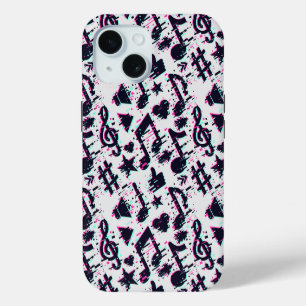 Distorted Musical Notes & Hearts Pattern iPhone 15 Case