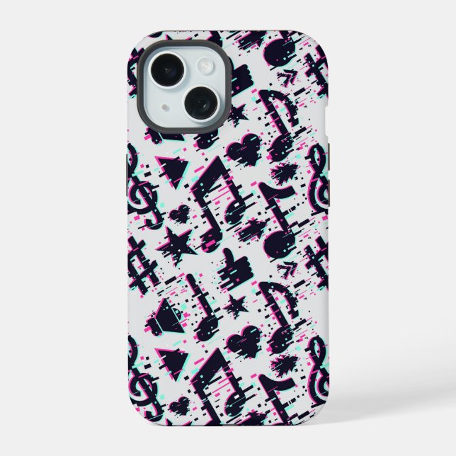 Distorted Musical Notes & Hearts Pattern iPhone 15 Case (Back)