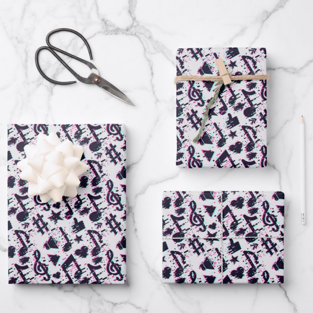 Distorted Musical Notes & Hearts Pattern Wrapping Paper Sheet (Front)