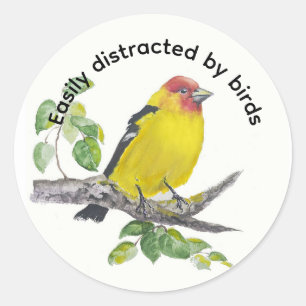 Distracted by Birds Quote Watercolor Animal Art Classic Round Sticker