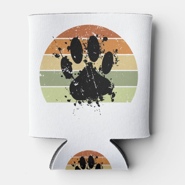 Distresse Paint Spatter Dog Paw Print Retro Sunset Can Cooler (Front)
