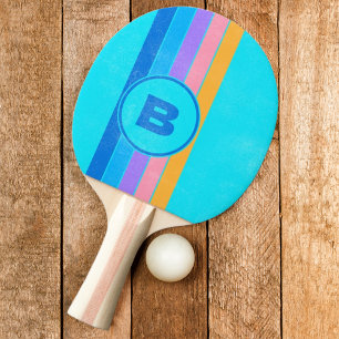 Distressed 80s Neon Ocean Sky Striped with Initial Ping Pong Paddle