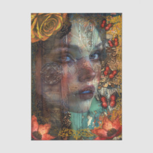 Distressed Abstract Art Girls Face & Butterflies Tissue Paper