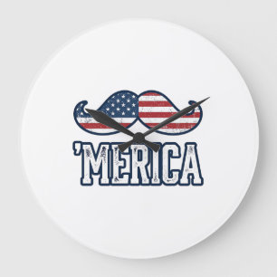 Distressed America Mustache Patriotic Vector Desig Large Clock