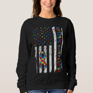Distressed American Flag Autism Awareness Ribbon Sweatshirt