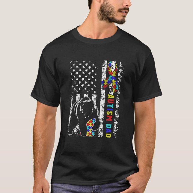 Distressed American Flag Autism Dad Bear Awareness T-Shirt (Front)