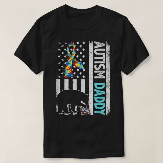 Distressed American Flag Autism Daddy Bear Autisti T-Shirt (Design Front)
