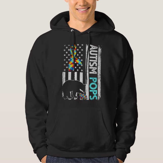 Distressed American Flag Autism Pops Bear Autistic Hoodie (Front)