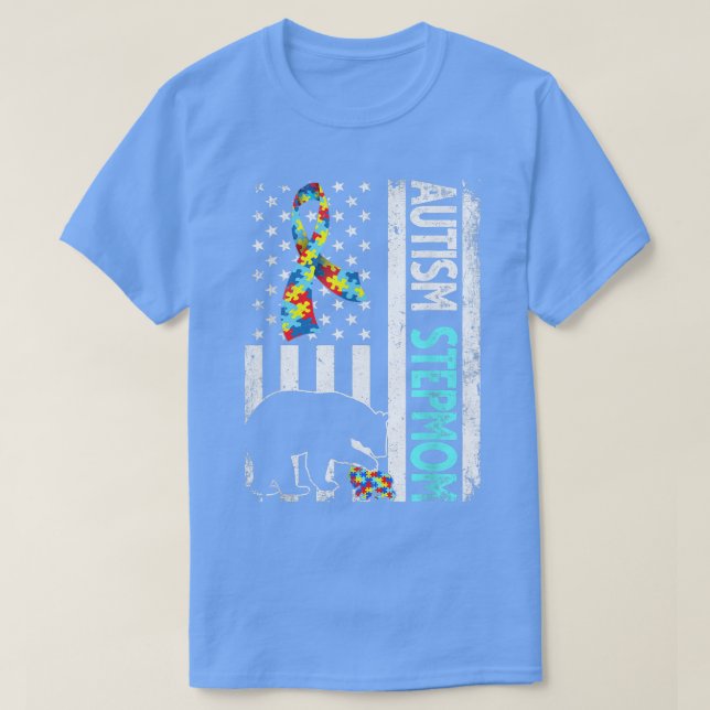 Distressed American Flag Autism Stepmom Bear Autis T-Shirt (Design Front)