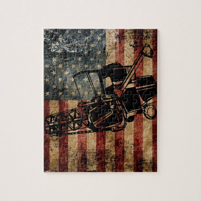 Distressed American Flag Combine Tractor Puzzle (Vertical)
