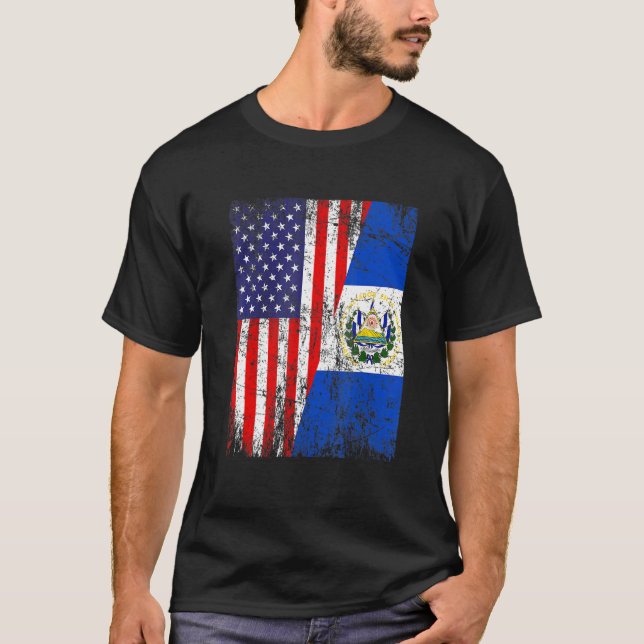 Distressed American Flag & El Salvador Flag Patrio T-Shirt (Front)