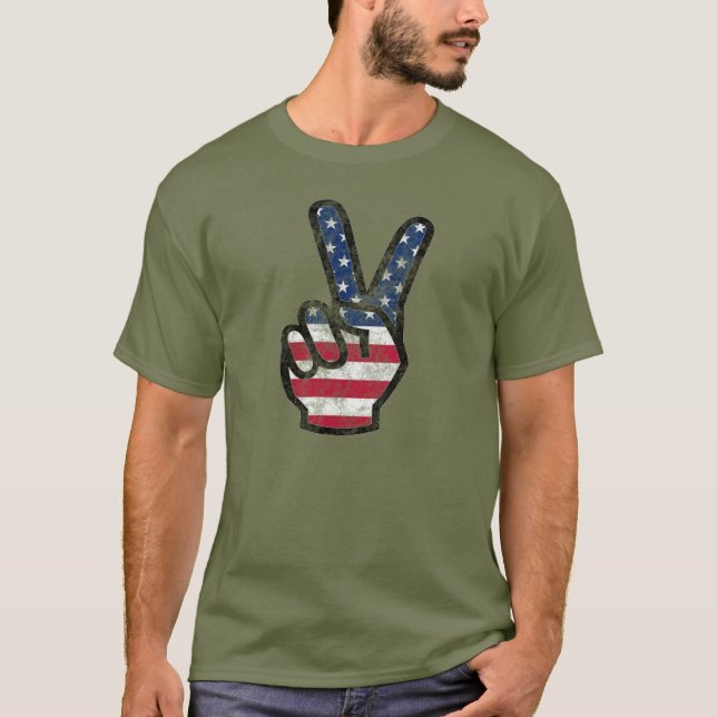 Distressed American flag Hand Peace Sign T-Shirt (Front)