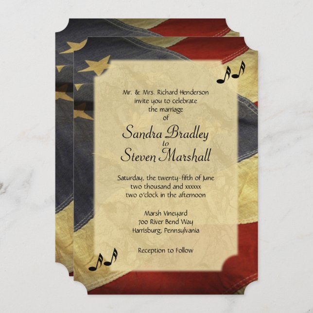 Distressed American Flag Music Wedding Invitations (Front/Back)