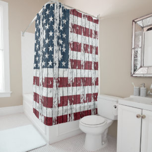 Distressed American Flag on Wood Shower Curtain