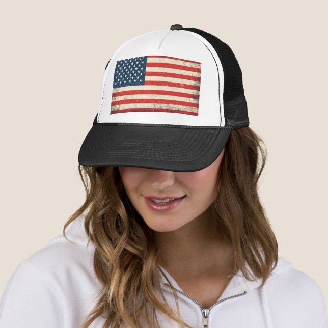 Distressed American Flag Patriotic Trucker Hat (In Situ)