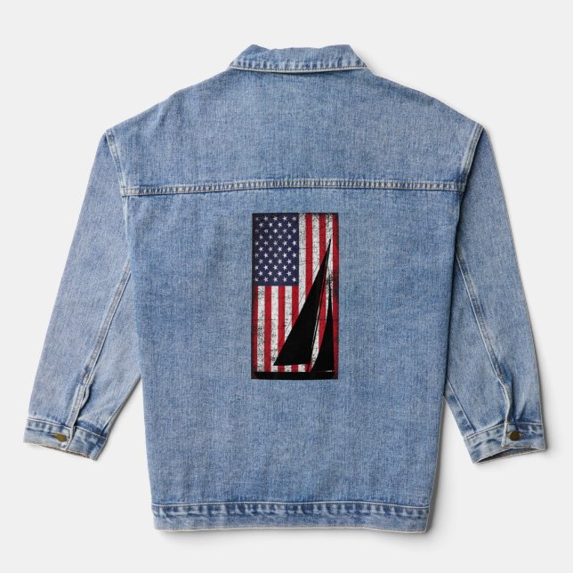 Distressed American Flag Sailing  Denim Jacket (Back)
