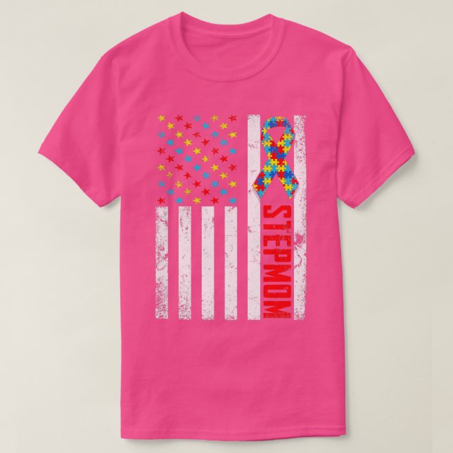 Distressed American Flag Stepmom Autism Awareness  T-Shirt (Design Front)