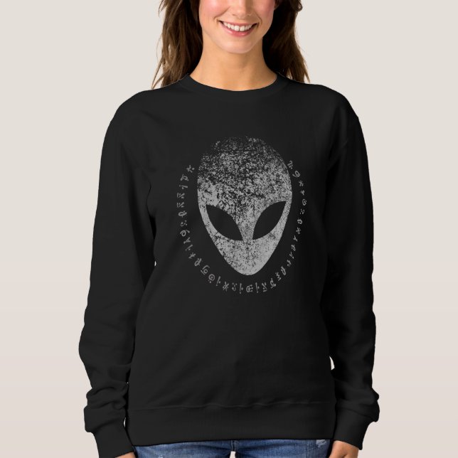 Distressed Ancient Alien Head With Alien Writing Sweatshirt (Front)