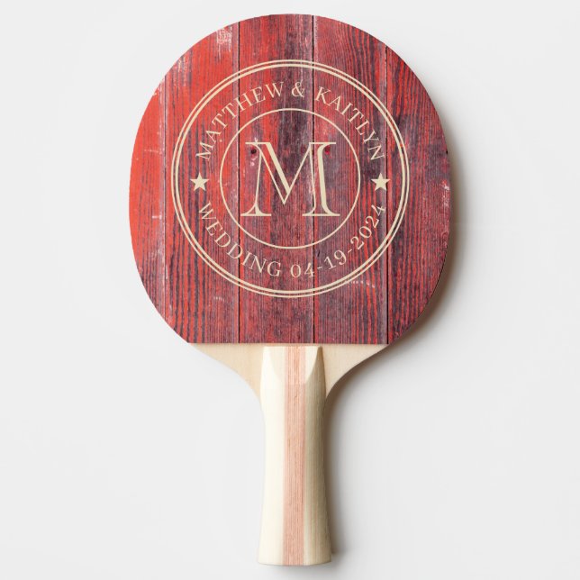Distressed Barn Boards Wedding Monogram Star Ping Pong Paddle (Front)
