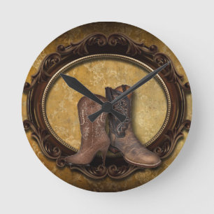 Distressed barn country Western Cowboy Boot Round Clock