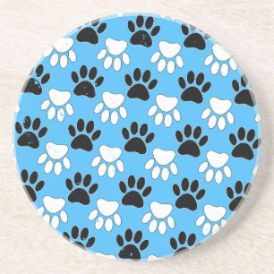 Distressed Black And White Paws On Blue Background Coaster