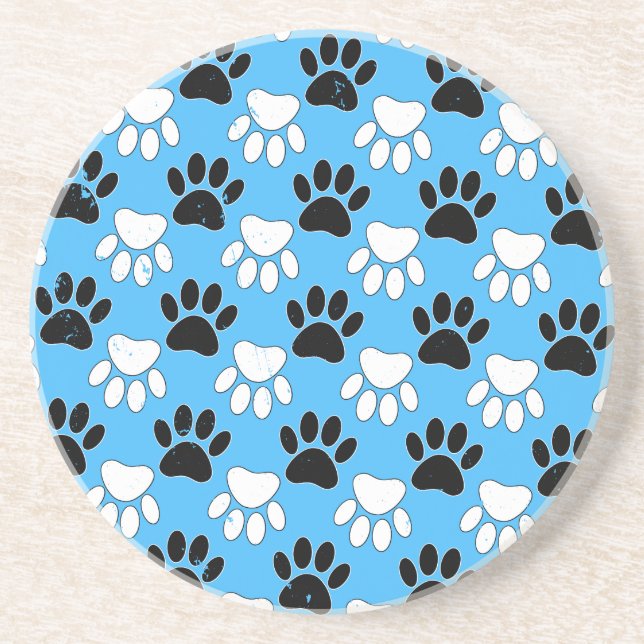 Distressed Black And White Paws On Blue Background Coaster (Front)