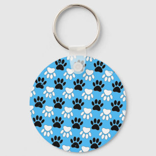 Distressed Black And White Paws On Blue Background Key Ring