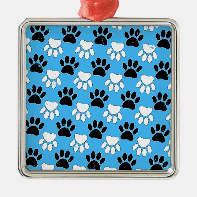 Distressed Black And White Paws On Blue Background Metal Tree Decoration (Front)