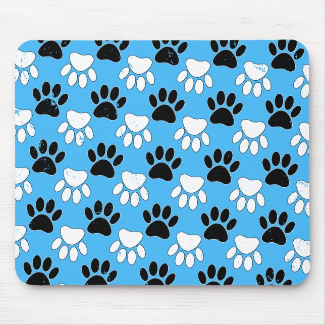 Distressed Black And White Paws On Blue Background Mouse Pad (Front)