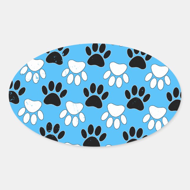 Distressed Black And White Paws On Blue Background Oval Sticker (Front)