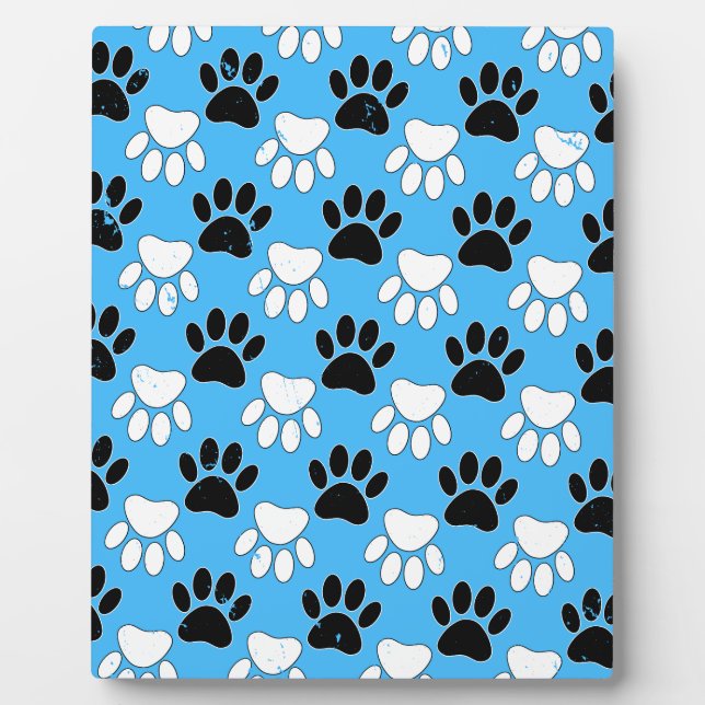 Distressed Black And White Paws On Blue Background Plaque (Front)