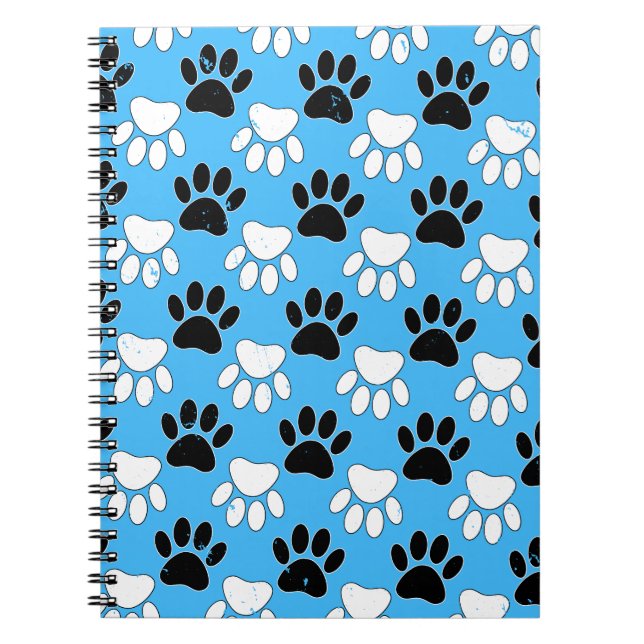 Distressed Black And White Paws On Blue Background Spiral Notebook (Front)