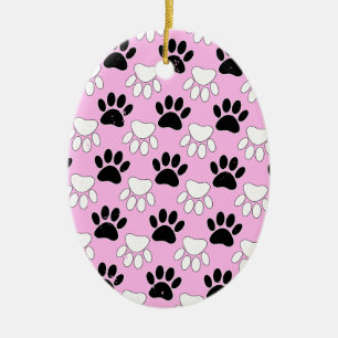 Distressed Black And White Paws On Pink Background Ceramic Tree Decoration