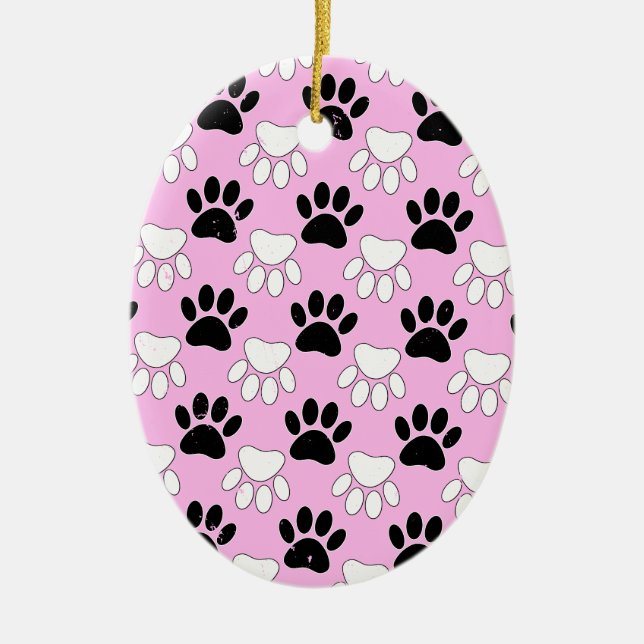 Distressed Black And White Paws On Pink Background Ceramic Tree Decoration (Front)