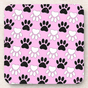 Distressed Black And White Paws On Pink Background Coaster