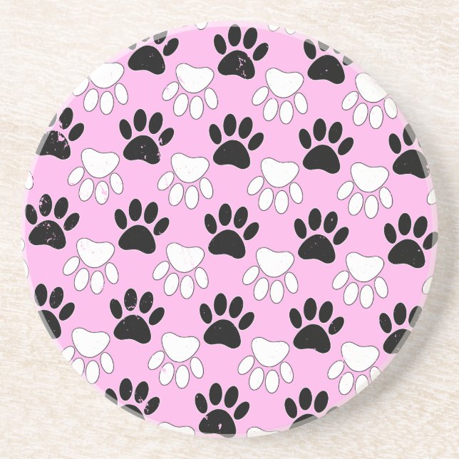 Distressed Black And White Paws On Pink Background Coaster (Front)