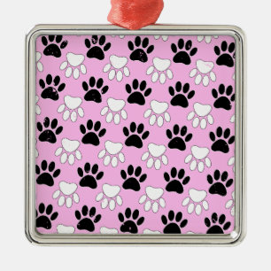 Distressed Black And White Paws On Pink Background Metal Tree Decoration