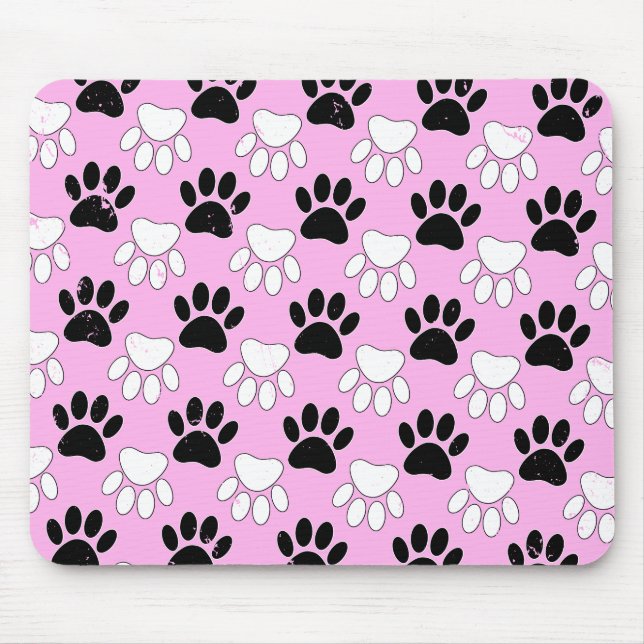 Distressed Black And White Paws On Pink Background Mouse Pad (Front)